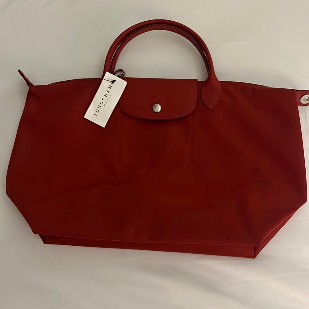 Longchamp ladies red Le Pliage Neo Medium Nylon Tote (with strap).